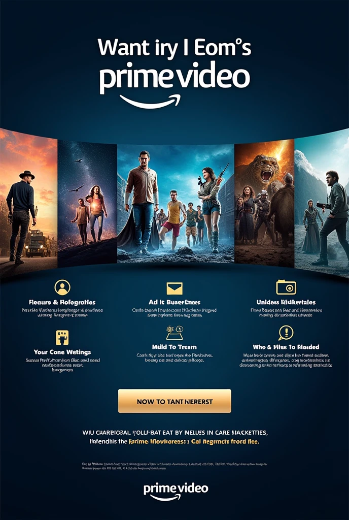 Here is the detailed list of elements for the Prime Video poster:
1. **Logo do Prime Video**: highlighted at the top.
2. **Popular Content Images**: Iconic Series and Movie Visuals.
3. **Call to Action (CTA)**: Action Button, SOM "Free Trial" ou "Sign up now".
4. **Benefits**:
- **Exclusive Content**
- **Assista offline**
- **No ads**
- **Multi-device**
5. **QR Code or Link**: Directed to the registration or application page.
These are the essential components of the poster, No Footer Text.