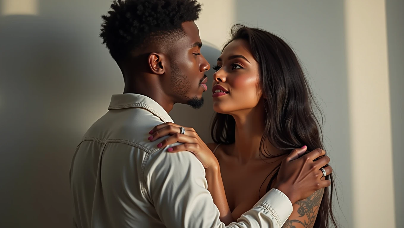 a close up of a young afroamerican  man and  beautiful Latin woman with dark skin chocolate color eyes looking at viewer emerald green color, seductive big body balanced , perfect beauty, long silky hair with waves  embracing each other, intimate holding close, man and woman in love, engagement ring ads, by Emma Andijewska, by Matt Cavotta, hand on his cheek, couple pose, couples portrait, arm around her neck, couple portrait, man and woman, lovely couple, holding each other hands