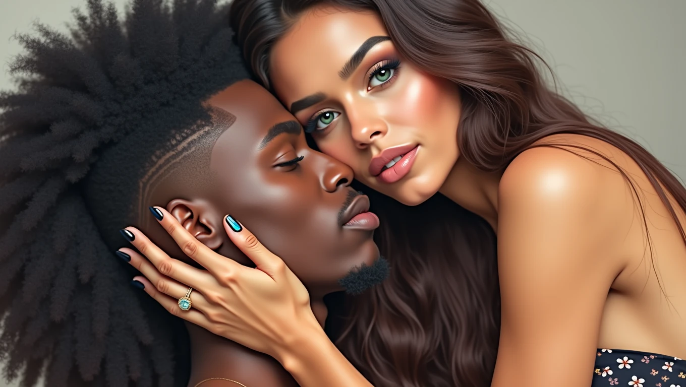 a close up of a young afroamerican  man and  beautiful Latin woman with dark skin chocolate color eyes looking at viewer emerald green color, seductive big body balanced , perfect beauty, long silky hair with waves  embracing each other, intimate holding close, man and woman in love, engagement ring ads, by Emma Andijewska, by Matt Cavotta, hand on his cheek, couple pose, couples portrait, arm around her neck, couple portrait, man and woman, lovely couple, holding each other hands