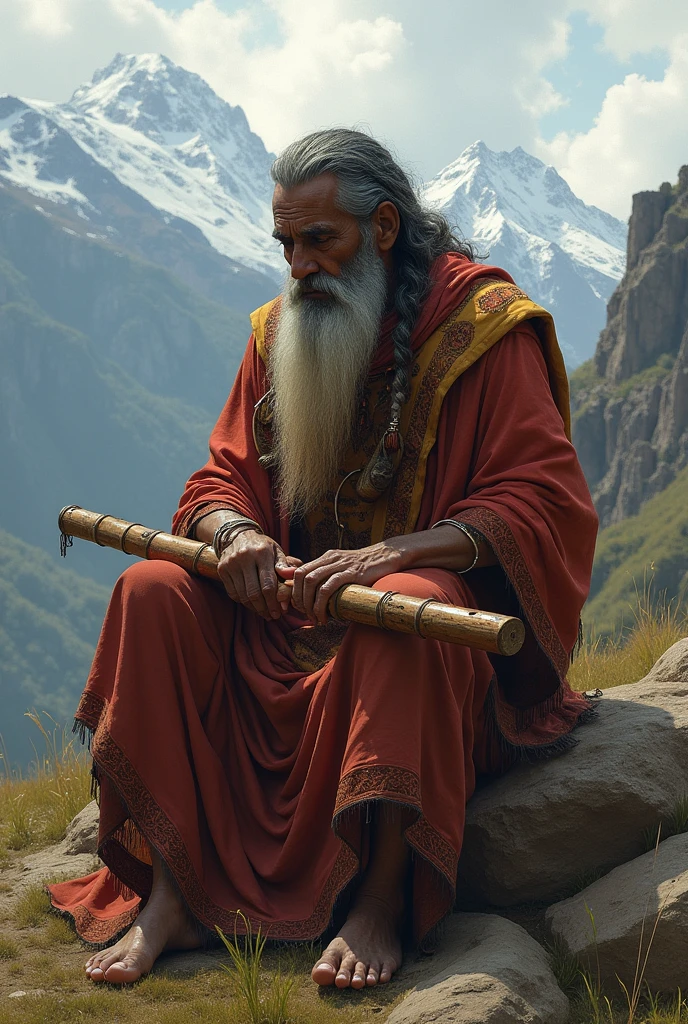 Viracocha sits sadly, remembering his beloved while playing his quena.