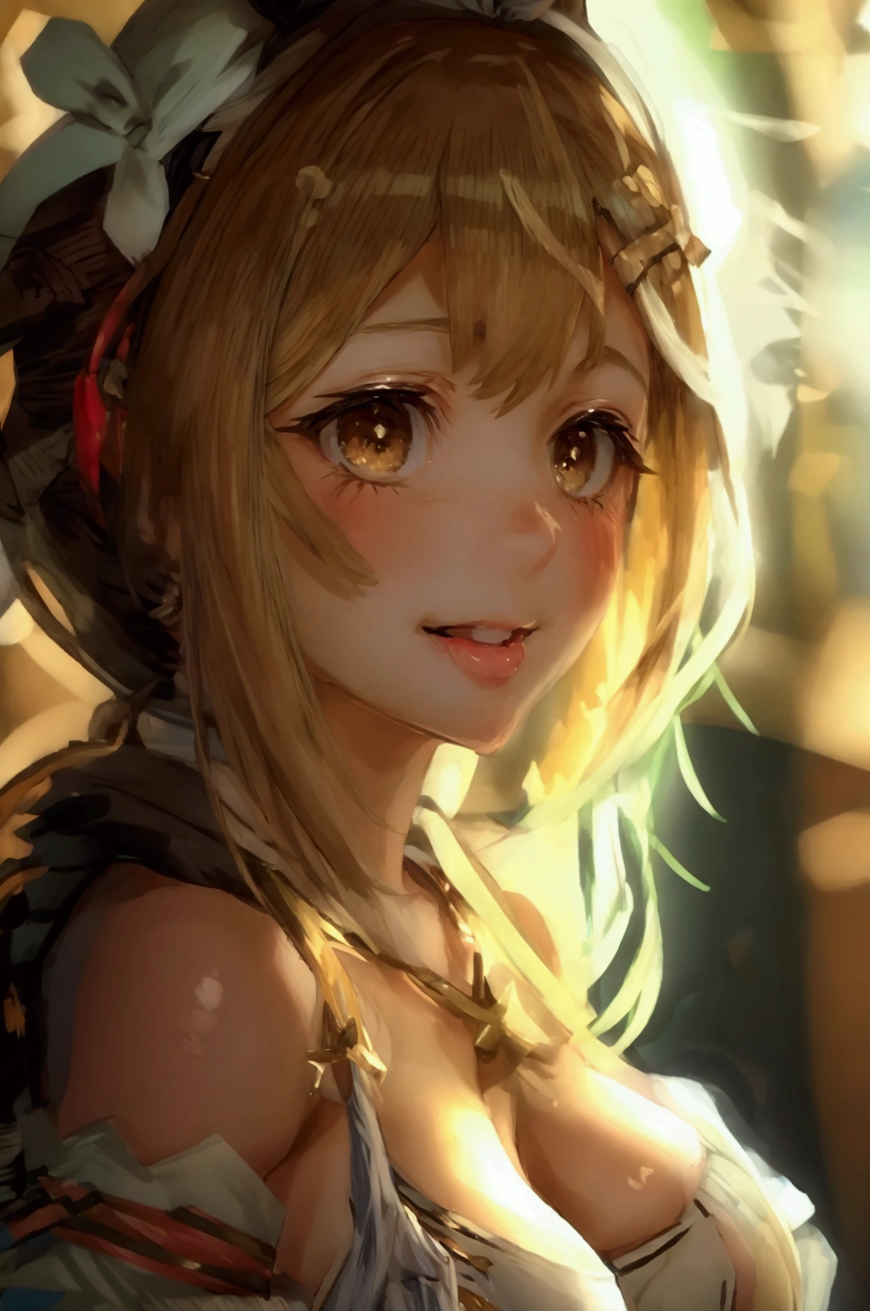 atelier ryza, ryza, reisalin stout, gyaru, brown eyes, blond hair, large breasts, cleavage, thickthighs, big ass, tan, makeup, licking lips, seductive smile, naughty face, naughty, oral invitation, heavy breathing, anime, anime style, tachi-e, first-person view, erotic pose