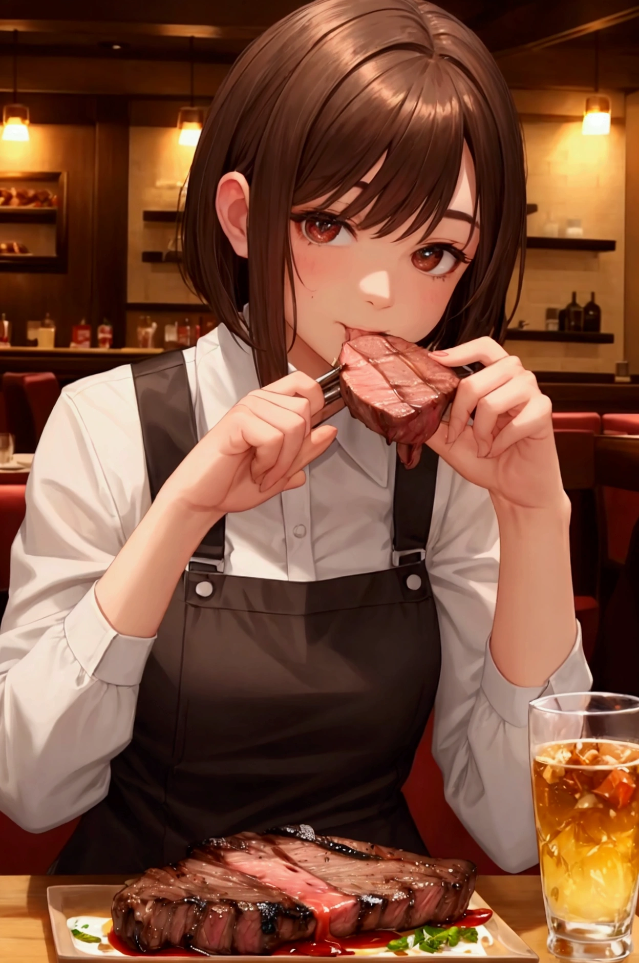 Biting into the meat of a grilled steak, At a steakhouse, A woman with brown bob hair.Happy time.