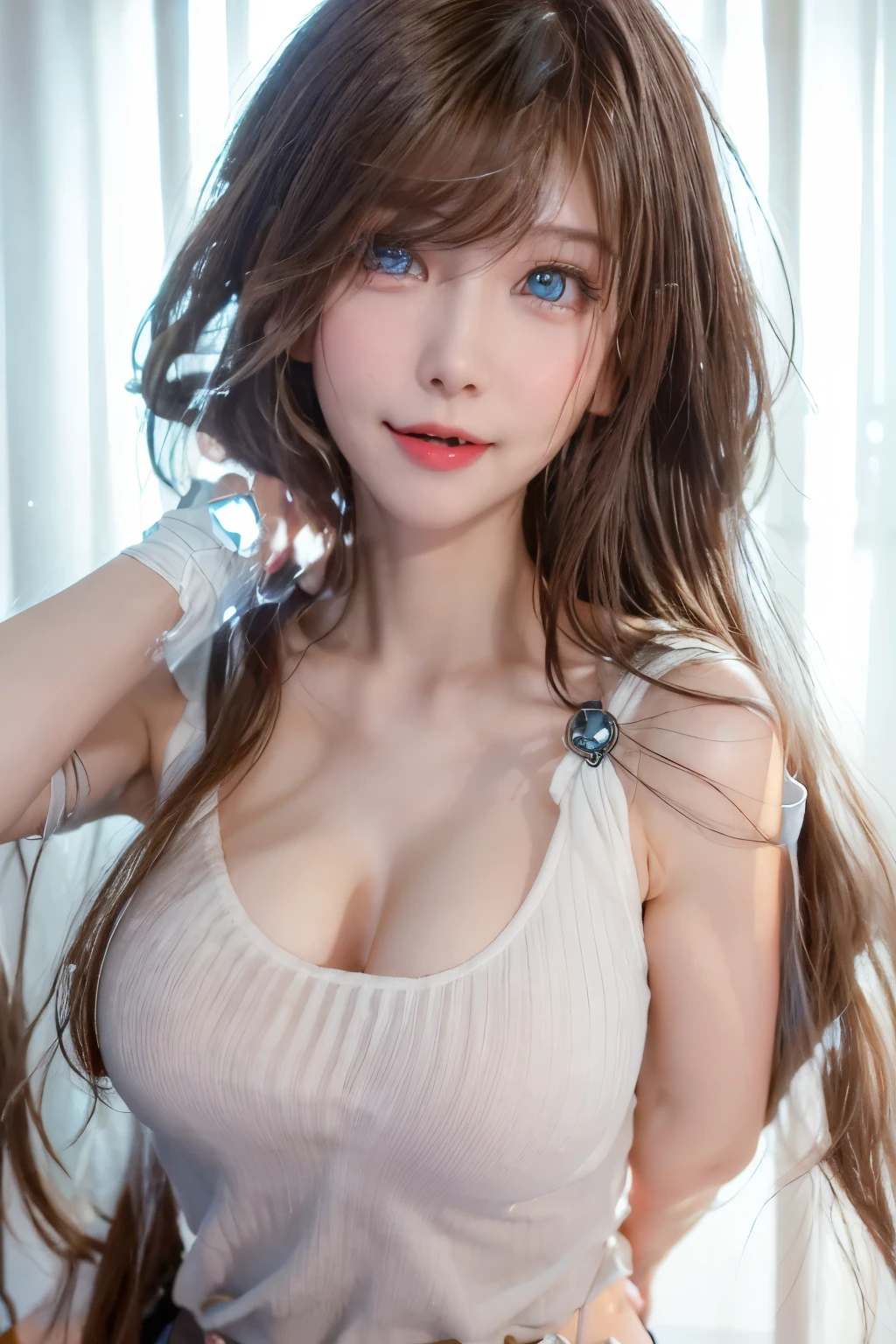 High resolution, (masterpiece:1.4), ((Giant Breasted)), Super detailed, One girl, Blue eyes, Long bronze hair，Wear a see-through white open-neck sweater and a short skirt, restaurant ,Sexy posture, The camera is close to the body、Frowning、smile、Protruding nipples、Red face、Watery eye,free pose