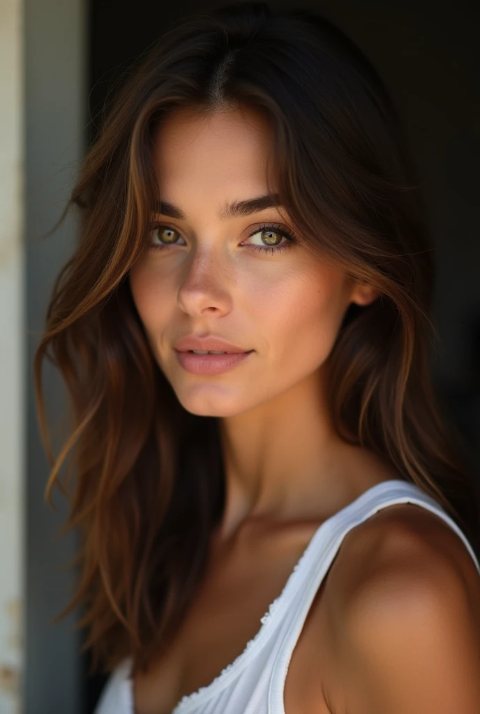 Femme regardant la caméra, belle brune, jeune, beaux yeux pétillants