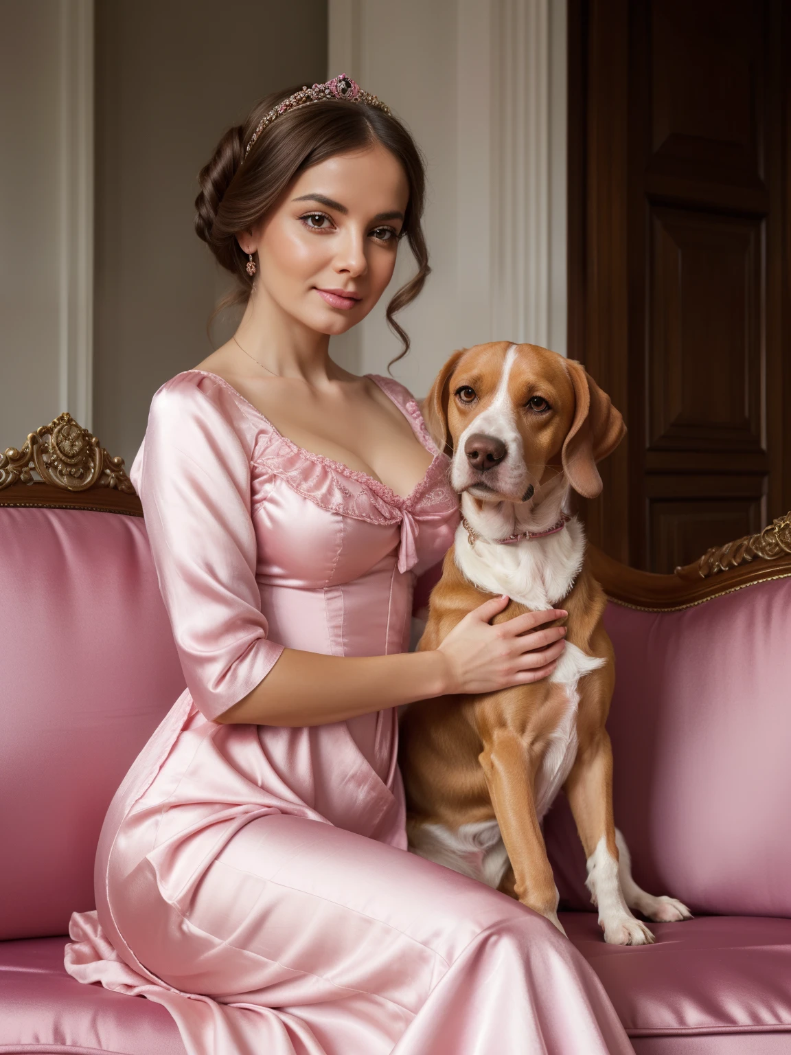 painting of a woman in a pink silk Victorian dress sitting on a couch with a beagle dog, konstantin razumov, ( ( konstantin razumov ) ), by Alexander Kucharsky, by Vladimir Novak, by Vladimir Borovikovsky, lovely languid princess, by Vladimir Baranov-Rossine, by Alexey Venetsianov