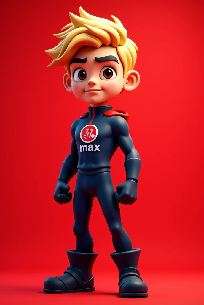 Create a mascot and I want a low 3d blonde male character wearing a dark blue uniform with a logo with a red background written speed in Portuguese and max in English, black boot with full Hd image