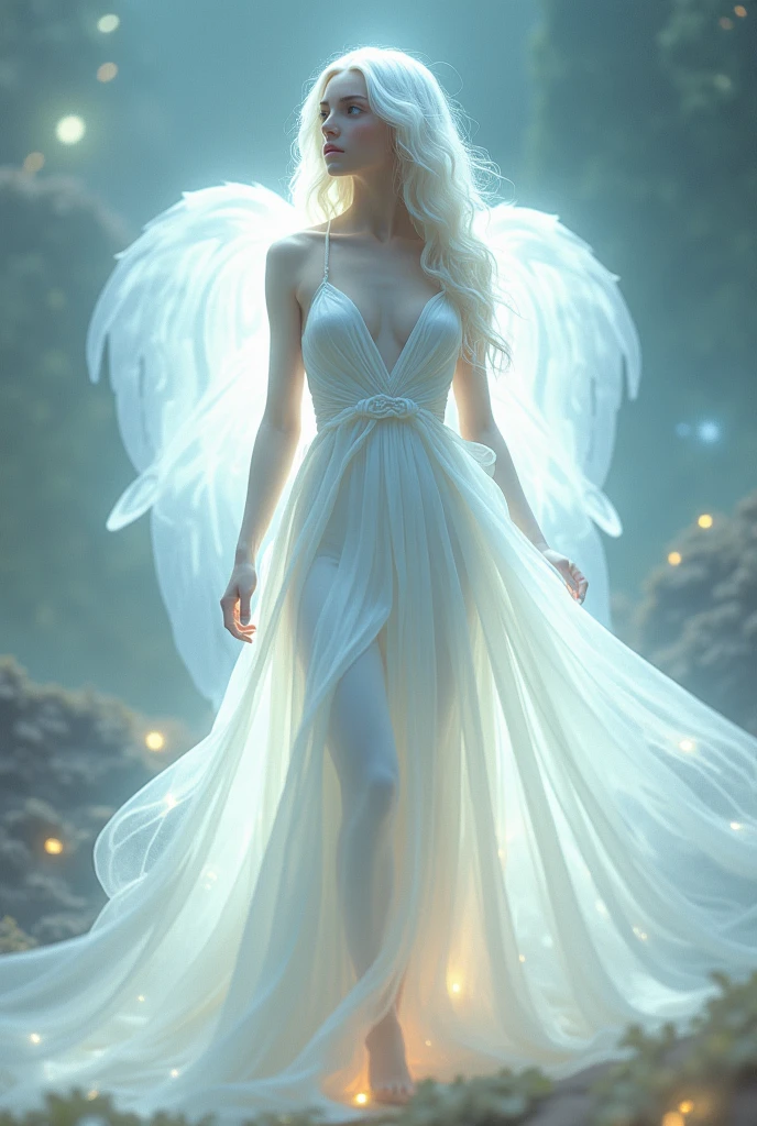 glowing female human-shaped being with white hair and a white dress