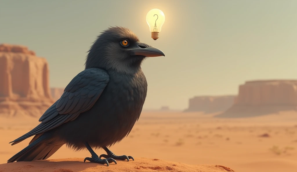 The crow with a thoughtful expression, with a light bulb or question mark above its head (to indicate thinking).
The background is desert.