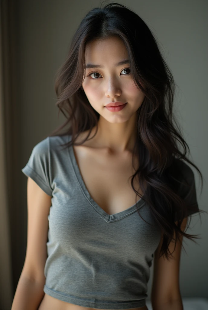 (((One person,alone))),(Highly realistic photos, High resolution, Detailed face, Beautiful Eyes) Japanese women, 30 years old, Cute Face, Nice body, Take a photo book,Healthy Body,Thighs、turn over、Depth of written boundary,、Narrow eyes,Light Smile、Boa Hancock Cosplay、Backlight、Fitted T-shirt