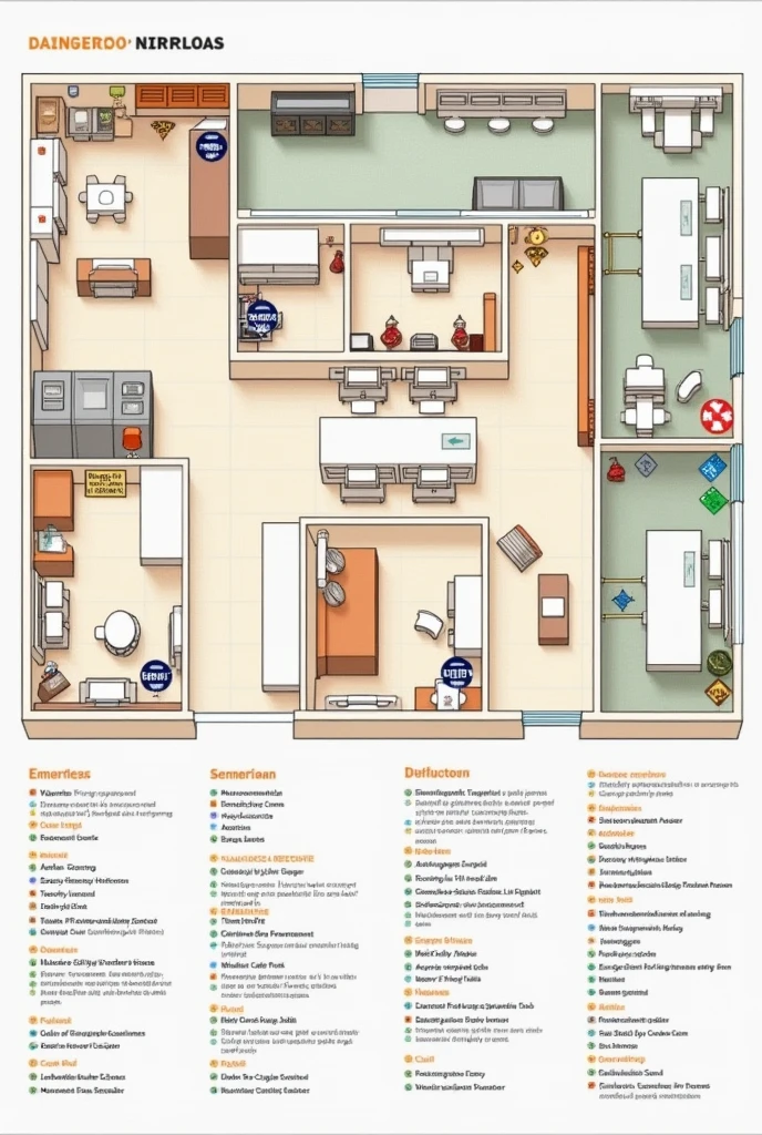 Simple Restaurant Risk Map ,  with danger symbols and others , with short caption below and in Spanish 