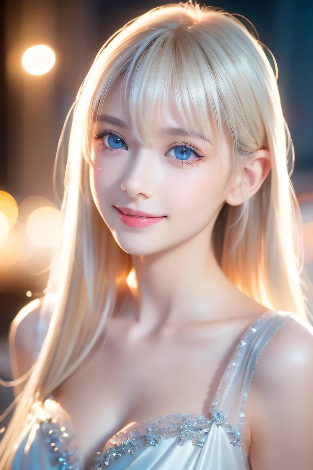 Light Smile、night、Live Shooting、(((Ultimate Beauty Portrait)))、((Glowing Skin))、1 person、Beautiful girl from Prague、Bright expression、((Platinum Blonde Hair))、[Large, bright blue eyes like jewels]、Shiny, glossy skin、Silky super long straight hair、eyeliner、Beautiful bangs、Hair between the eyes、((masterpiece、最high quality、Super detailed、Film Light、Intricate details、High resolution、Very detailed))、Detailed Background、8 KUHD、Digital SLR、Soft Light、high quality、Film Grain、Fujifilm XT3 、Shallow depth of field、Natural light、（No Hands）、Looking up、Ample Bust