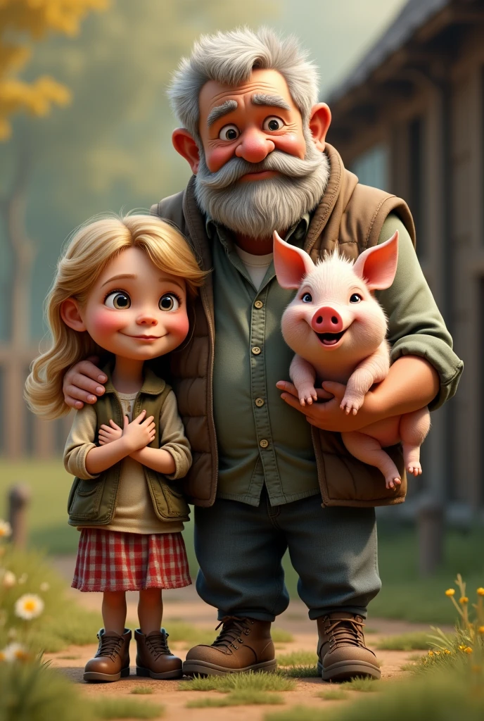 An 8-year-old blonde girl with her father beside her holding a pig. Realistic image, very realistic. The father is older and she is smaller.