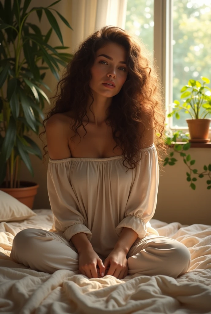 (photorealism:1.2), beautiful woman, sitting on bed, wearing loose off-shoulder top, pajama pants, long curly hair, indoors, soft lighting, plants in background, window with sunlight, cozy room, relaxed pose, realistic, intricate details, warm colors, by Greg Rutkowski, by Alphonse Mucha