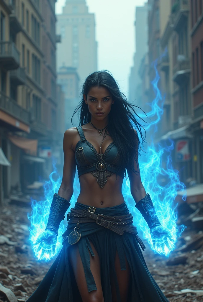new york city destroyed and a woman with blue fire in her hand and warrior clothes appearing from the waist up