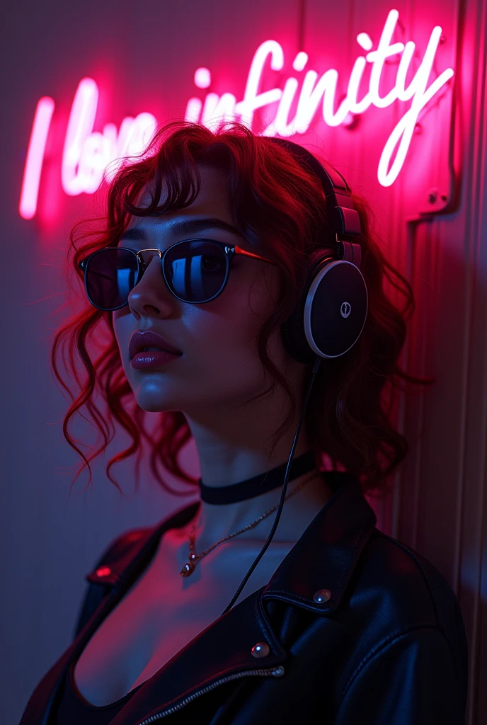 Brown Hair . Beautiful woman with curly hair、Headphone volume and sunglasses - Earphones surrounding the dark room、Night neon cyberpunk coordinator neon glow,In the room, the signboard shines with neon light、Sparkling"I love infinity"Anime Style,Beautiful colors,Living painting,masterpiece,detailed