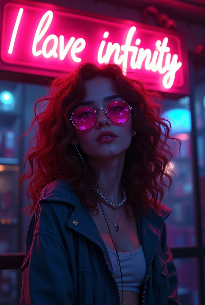 Brown Hair . Beautiful woman with curly hair、Headphone volume and sunglasses - Earphones surrounding the dark room、Night neon cyberpunk coordinator neon glow,In the room, the signboard shines with neon light、Sparkling"I love infinity"Anime Style,Beautiful colors,Living painting,masterpiece,detailed