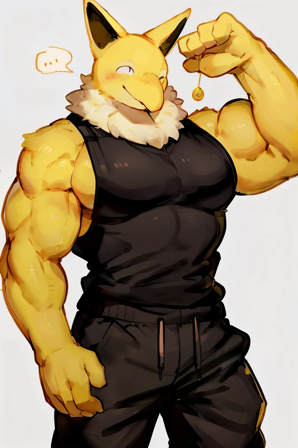 Furry, Anthro, solo, Hypno, Male, (((muscular body, massive male pectorals, yellow-gold skin, fluffy neck, wearing white fur around neck))), ((((massive biceps, wide-eyed, head tilted, hands up)))), ((((((massive bulky torso, happy, wearing black full male tanktop, wearing black sweatpants)))))), upper body, black/yellow spraypainted background, by buta99, by zackary911, by bebebebebe, (((digital painting)))