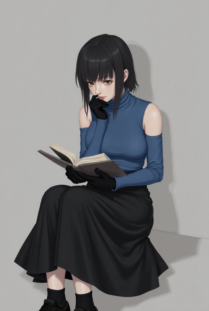 girl with armpit stains wearing blue sleeveless turtleneck tucked in long black skirt with black socks and black shoes and also black gloves reading a book