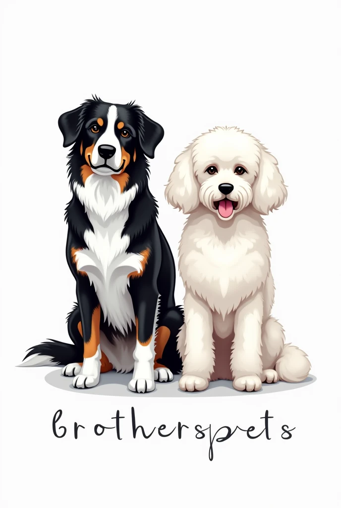 Create a logo for me featuring a black and white Border Collie and a white poodle standing side-by-side. The name 'brotherspets' should be included in a frame.