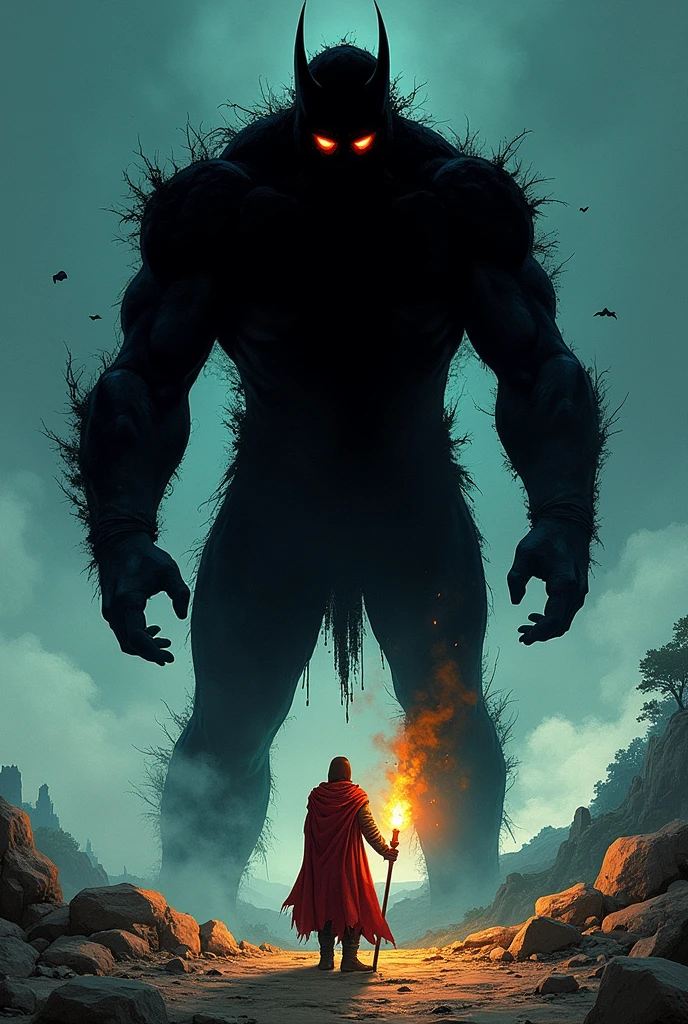 A person with a torch watching their evil version chained up, which is bigger than them and has a black aura, and their eyes are glowing like in a drawn version. A little distance away from the image, a landscape is visible.