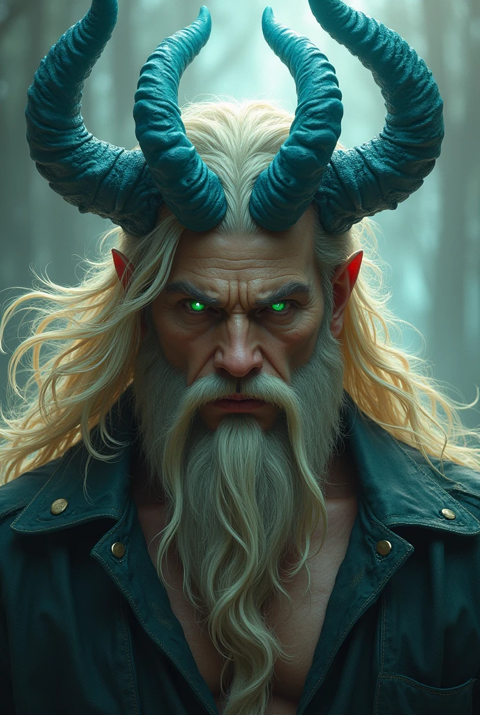 God of death blond hair front goes to his chin and the back is shorter and shaggy with 4 blue horns and bright green eyes