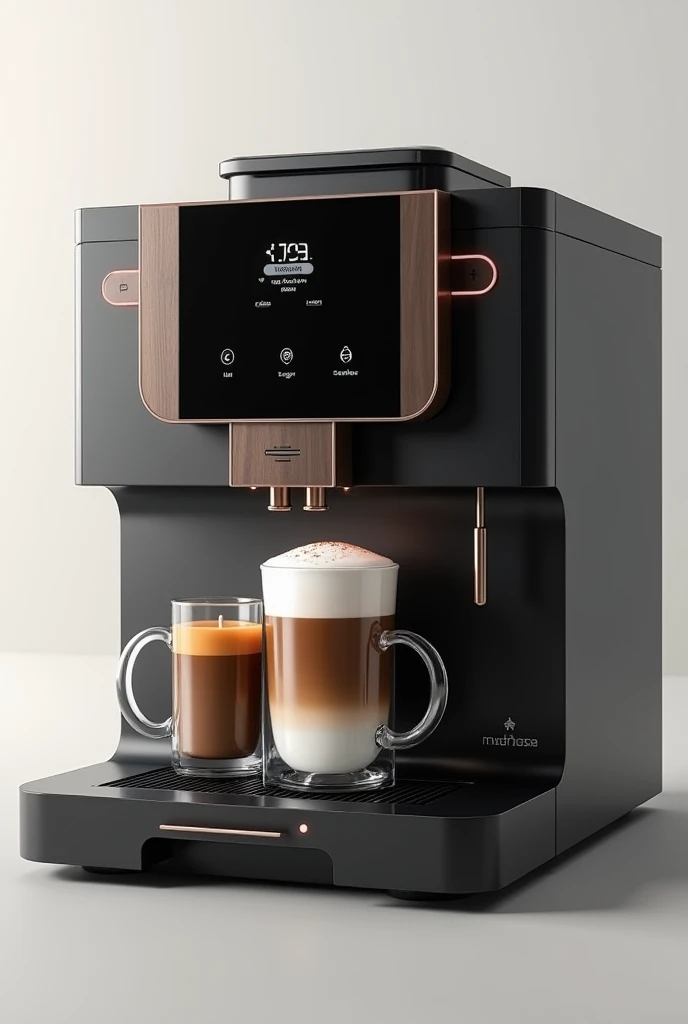 A coffee maker with multiple compartments: latte, sugar, sweetener and that can be controlled via cell phone or voice command