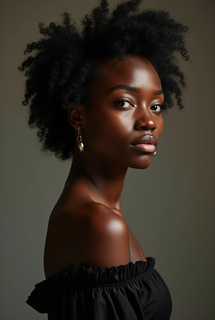 un portrait réaliste d'une ravissante jeune femme noir avec une très belle chevelure. elle se tient de dos et regarde sur sa droite