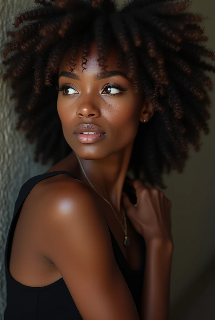 un portrait réaliste d'une ravissante jeune femme noir avec une très belle chevelure. elle se tient de dos et regarde sur sa droite