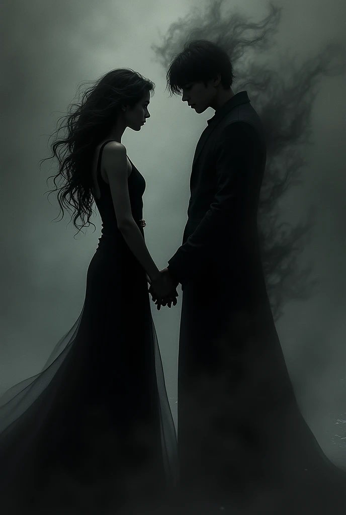 A silhouette of a woman with curls while holding the hand of a tall black silhouette of a boy. ((black aura))