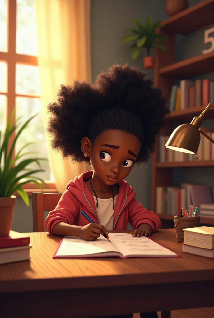 A Black girl with dark curly hair studying in a cozy, well-lit room.