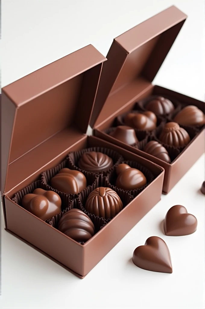 I need you to make two boxes of chocolates that contain a variety of breast shapes., Women's intimate parts and body shapes, that they are on a shelf and next to each box an individual sample of each type of chocolate, that the background is white and the chocolates are pure chocolate not colored.