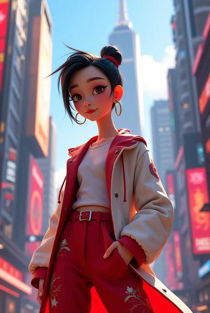 Create a young designer with red and white clothes, oriental traits. marvel universe, lpixar, 4K