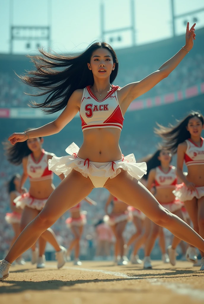 high image quality, real people, front view, japanese , costumes, cheerleader, sunder the skirt, low angle, long black hair, splits during jump, leg spread, sneak peek, white panty, 