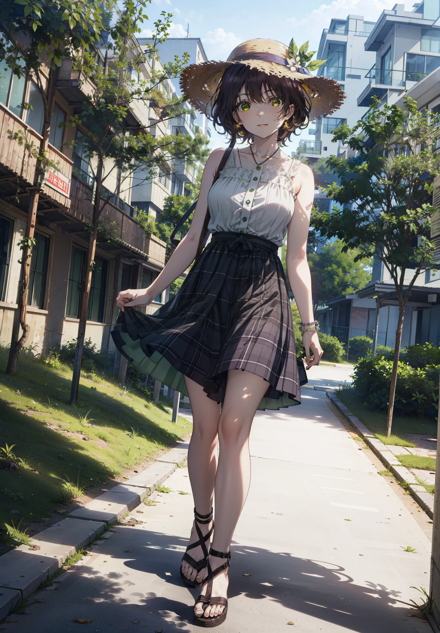 Seven days, Aoi Hinami, short hair, bangs, Brown Hair, (Green Eyes:1.5), smile,Straw hat,Sleeveless dress,Bare arms,Long skirt,Cute heeled sandals,Walking,morning,morning陽,The sun is rising,Palm tree,whole bodyがイラストに入るように,
break outdoors, Coastal Road,tropical,
break looking at viewer,whole body,
break (masterpiece:1.2), Highest quality, High resolution, unity 8k wallpaper, (figure:0.8), (Beautiful attention to detail:1.6), Highly detailed face, Perfect lighting, Highly detailed CG, (Perfect hands, Perfect Anatomy),