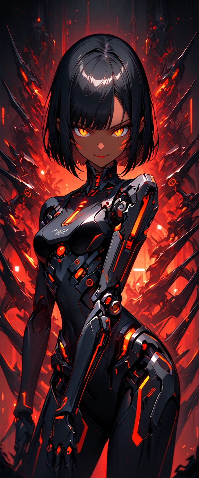 solo, female, close up, Black hair, sleek and straight hair, chin-length bob cut, slightly tousled bangs framing her face, hair infused with metallic threads, shimmering hair, slit pupils, amber-gold iris, augmented eyes, Smooth skin, tan, Lean, athletic, long limbs, multiple arachnid mechanical limbs, confident stance, small glowing nodes scattered across her sides, cybernetic enhancements, medium shot, pinup pose, computer lab, dark, futuristic, smirk