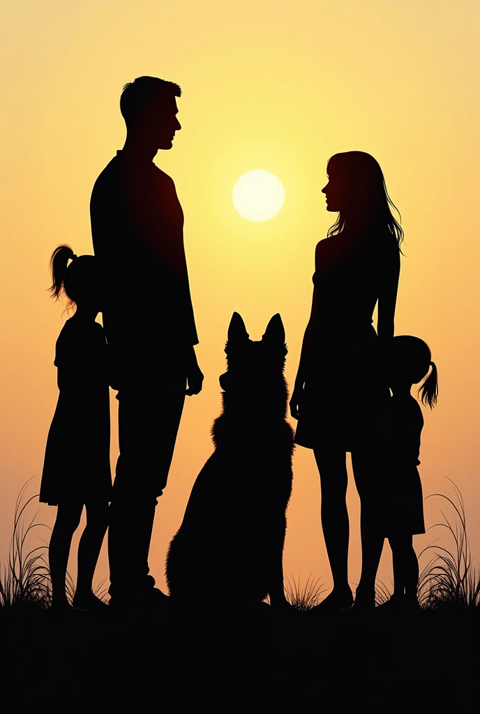 Make me a picture of a family of four people made up of the father, the mother, the older sister, the younger sister and a German shepherd dog. Make it in the form of a silhouette, each one with a different aura.