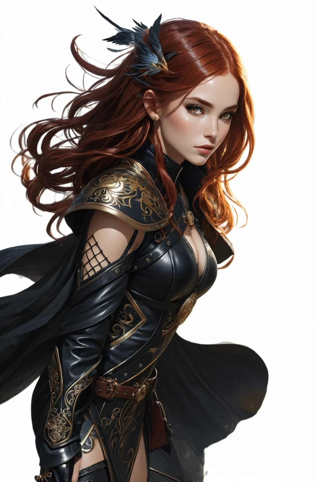 a full body image of Nayane Laura Menequel XX weeks 13, a beautiful young woman with a friendly warrior appearance, detailed light honey eyes, long red hair, wearing black boots, she is in a heron pose