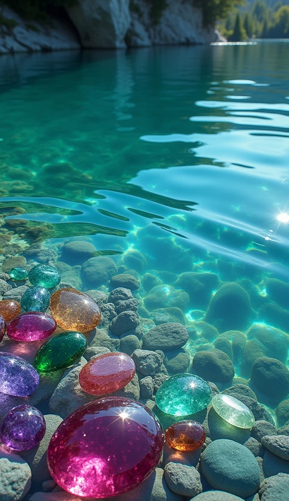 "Create a cinematic 4K image, DSLR Canon style, of a crystal-clear lake. Show the lake water with such clarity that the bottom is visible, revealing thousands of colorful gemstones, such as rubies, emeralds, sapphires, and amethysts. The scene should highlight the beauty and richness of the gemstones at the lake's bottom, with light reflecting and refracting through the water to create a stunning visual effect."