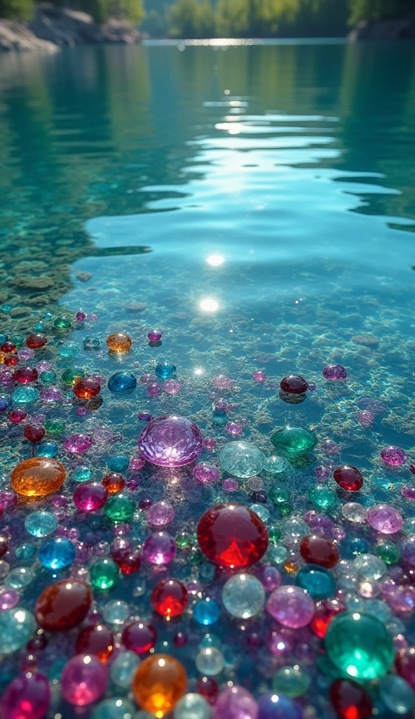 "Create a cinematic 4K image, DSLR Canon style, of a crystal-clear lake. Show the lake water with such clarity that the bottom is visible, revealing thousands of colorful gemstones, such as rubies, emeralds, sapphires, and amethysts. The scene should highlight the beauty and richness of the gemstones at the lake's bottom, with light reflecting and refracting through the water to create a stunning visual effect."