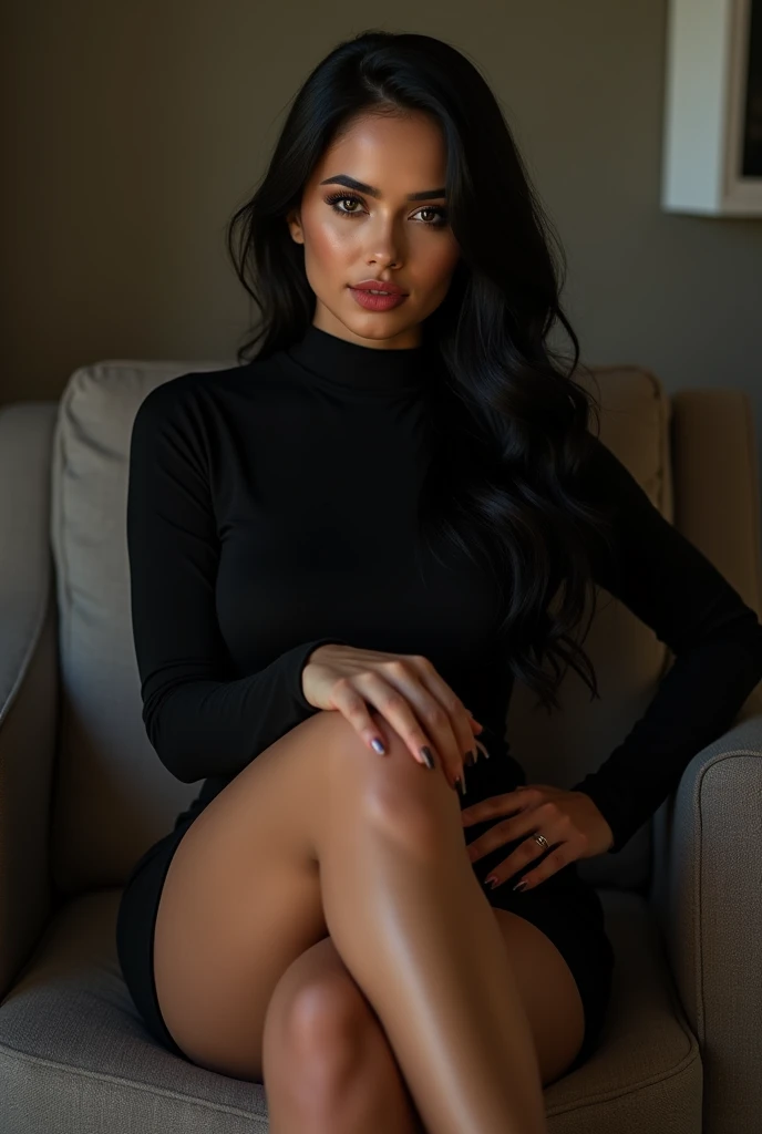 ultra realistic, photography, long black straight hair, girl, 30 years old, hourglass figure, perfect fit body, natural big breasts, seductive look, facing the camera, masterpiece, super detailed, detailed face, beautiful eyes, detailed eyeshadow, lip details, red lipstick, full body, wavy hair, Wearing a black sheath dress, turtleneck, revealing legs, sexy legs, great cleavage, she is wearing black elegant high heels, she is a femme fatale, sitting on a chair, her legs crossed, full body shot, wide angle, zoomed out,