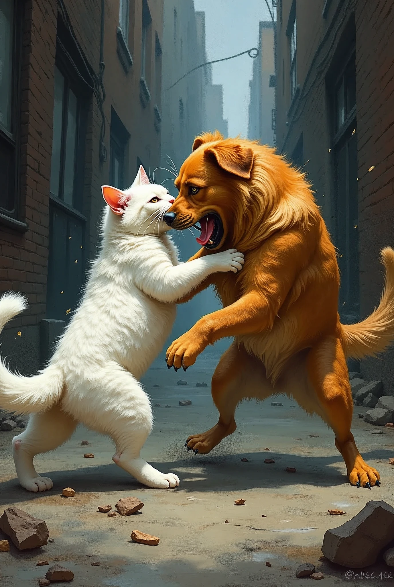 a cat and a dog, The cat is white, The dog is a golden retriever fighting, styled