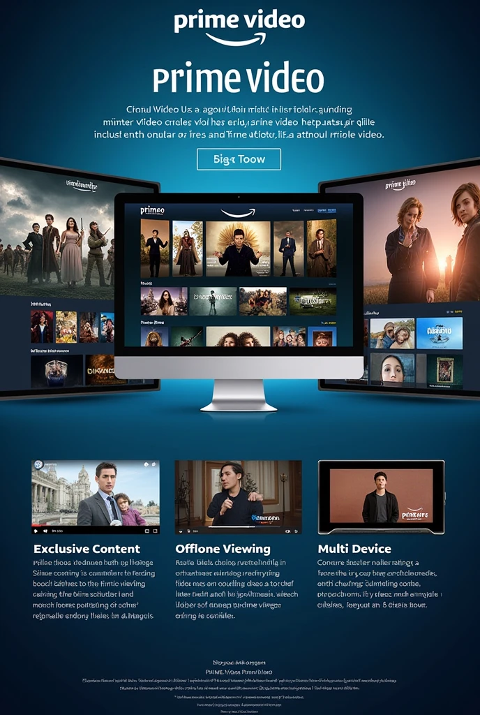 .Here is the detailed list of elements for the Prime Video poster:
1. **Logo do Prime Video**: highlighted at the top.
2. **Popular Content Images**: Iconic Series and Movie Visuals.
3. **Call to Action (CTA)**: Action Button, SOM "Free Trial" ou "Sign up now".
4. **Benefits**:
- **Exclusive Content**
- **Assista offline**
- **No ads**
- **Multi-device**
5. **QR Code or Link**: Directed to the registration or application page.
These are the essential components of the poster, No Footer Text.