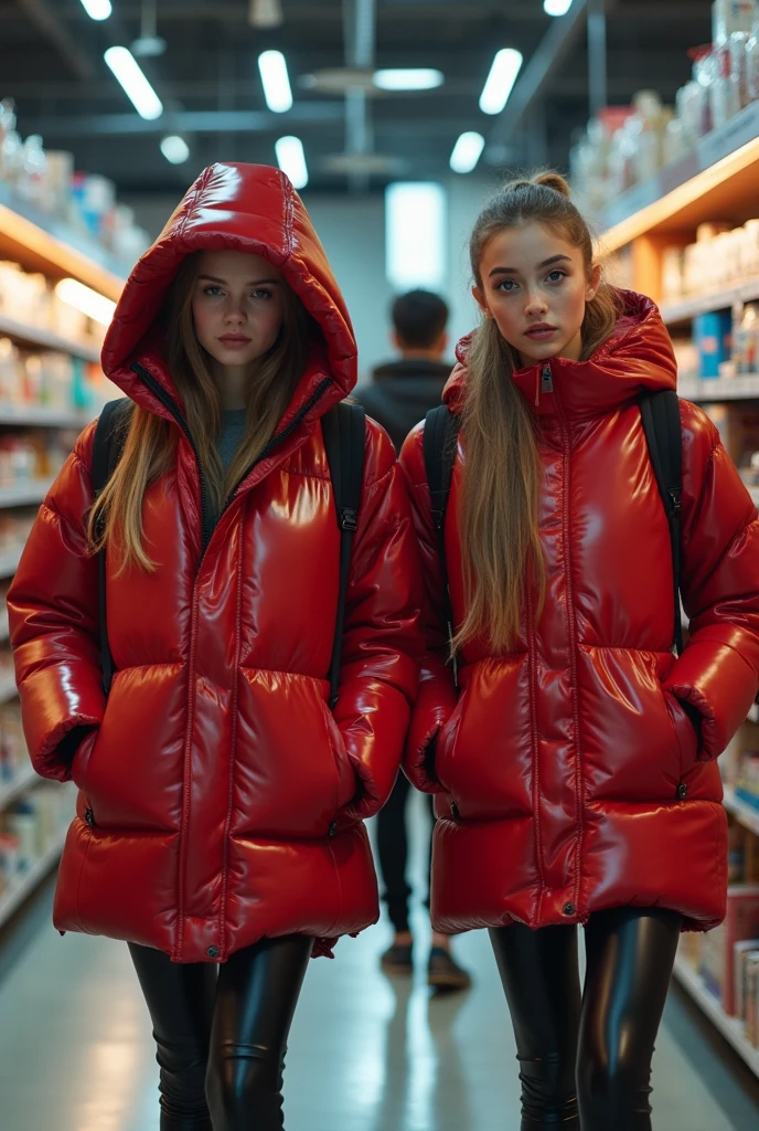 a slim ponytail 16 year old girl and her bestie walking in a pufferstore,beautiful detailed eyes,beautiful freckles,beautiful detailed lips,extremely detailed eyes and face,longeyelashes, wearing beautiful detailed full length skintight airtight hood covering her head formfitting duvetica overfilled shiny super gleamy super thick glossy puffer vest covering over her super padded high-collared pufferjacket, shiny latex leggings,symmetrical,masterpiece,cinematic,lifelike,hyperrealistic,8k,photorealistic,highly detailed,intricate,exquisite,elegant,beautiful,stunning
