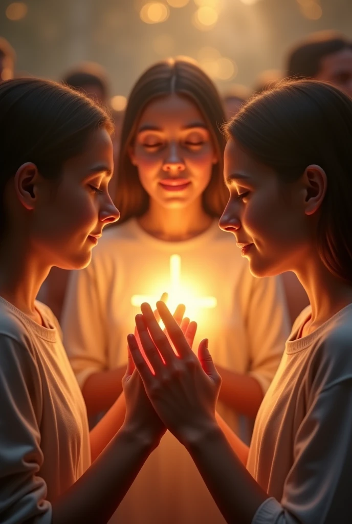 Young people holding hands praying to God with passion and with a radiant light coming out of their hearts