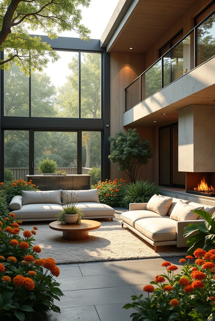 In my dream house, there is a spacious living room with large windows. There are comfortable sofas and a cozy fireplace. in the kitchen, there are modern appliances and a large island. There is also a beautiful garden with colorful flowers.