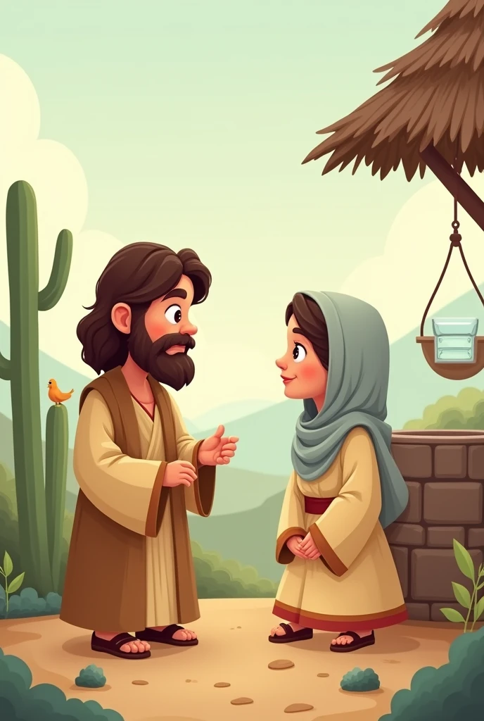 Biblical passage where Jesus talks to the Samaritan woman near a well, cute cartoon drawing small, with the edges of the image erased and blurred