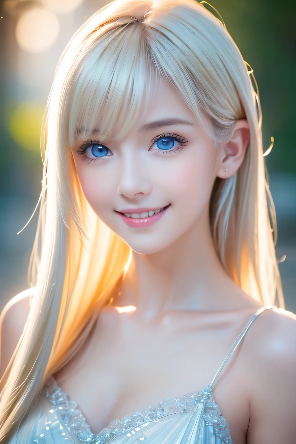 Light Smile、night、Live Shooting、(((Ultimate Beauty Portrait)))、((Glowing Skin))、1 person、Beautiful girl from Prague、Bright expression、((Platinum Blonde Hair))、[Large, bright blue eyes like jewels]、Shiny, glossy skin、Silky super long straight hair、eyeliner、Beautiful bangs、Hair between the eyes、((masterpiece、最high quality、Super detailed、Film Light、Intricate details、High resolution、Very detailed))、Detailed Background、8 KUHD、Digital SLR、Soft Light、high quality、Film Grain、Fujifilm XT3 、Shallow depth of field、Natural light、（No Hands）、Looking up、Ample Bust