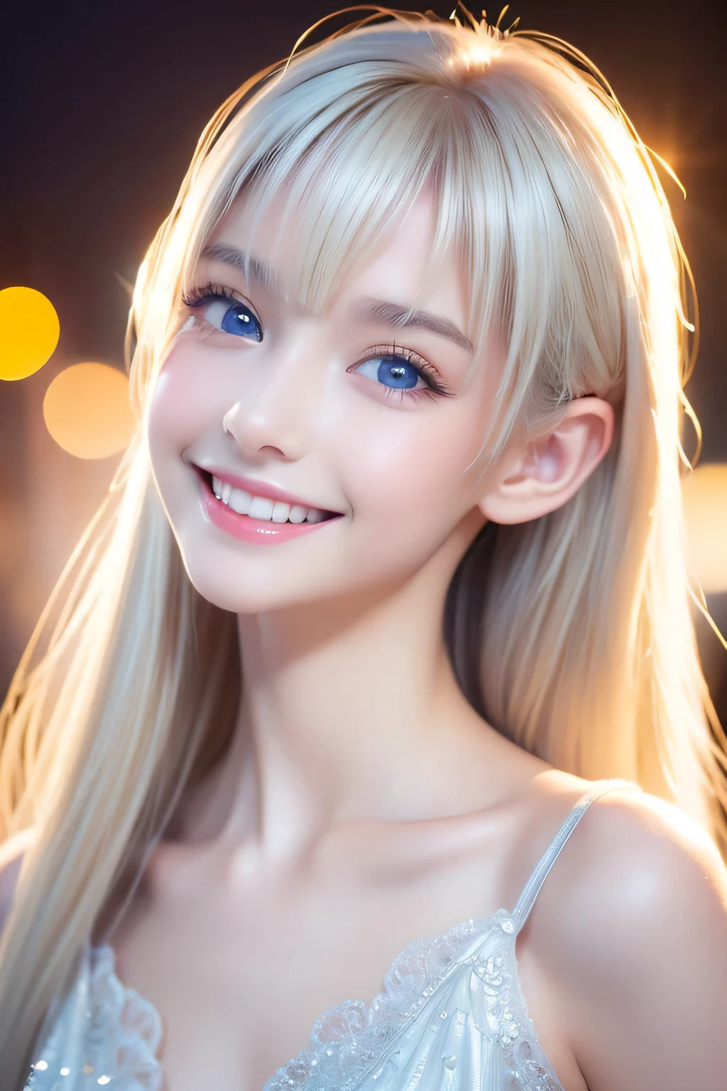 Light Smile、night、Live Shooting、(((Ultimate Beauty Portrait)))、((Glowing Skin))、1 person、Beautiful girl from Prague、Bright expression、((Platinum Blonde Hair))、[Large, bright blue eyes like jewels]、Shiny, glossy skin、Silky super long straight hair、eyeliner、Beautiful bangs、Hair between the eyes、((masterpiece、最high quality、Super detailed、Film Light、Intricate details、High resolution、Very detailed))、Detailed Background、8 KUHD、Digital SLR、Soft Light、high quality、Film Grain、Fujifilm XT3 、Shallow depth of field、Natural light、（No Hands）、Looking up、Ample Bust