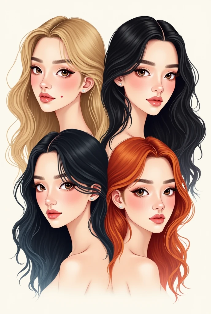 Creative logo for an Instagram page about four sexy girls. The logo should be in the form of a drawing, with the girls' faces. It should not contain letters or symbols in the image. One has blond hair, one has black hair, one has Japanese features and colored hair, The last one is redhead. They are all white.