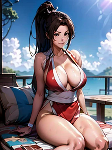  ((Master quality, 8K, masterpiece:1.3, ultra-detailed, high resolution, RAW Photos, detailed Realistic background, cinematic lighting)), Actual, Realistic, photo, HDR, BREAK, detailed eyes, perfect anatomy, perfect hands, BREAK, , One person alone, Mai Shiranui,(King Of Fighters), (Stand:1.5 up straight , , arms behind), Grey Eyes, ponytail hair, Adult beautiful woman, ( Round and Stacked Breasts ), , Cleavage, Slim waist, smile:1.5, Sweat-soaked skin, wearing( Slingshot Swimsuit, ), Graffiti art, (, Random Angle, knee shot, ), BREAK, Licking a icecream , Beach_parasol, Beach cocktails on a round table, dynamic angle, outdoor, beach